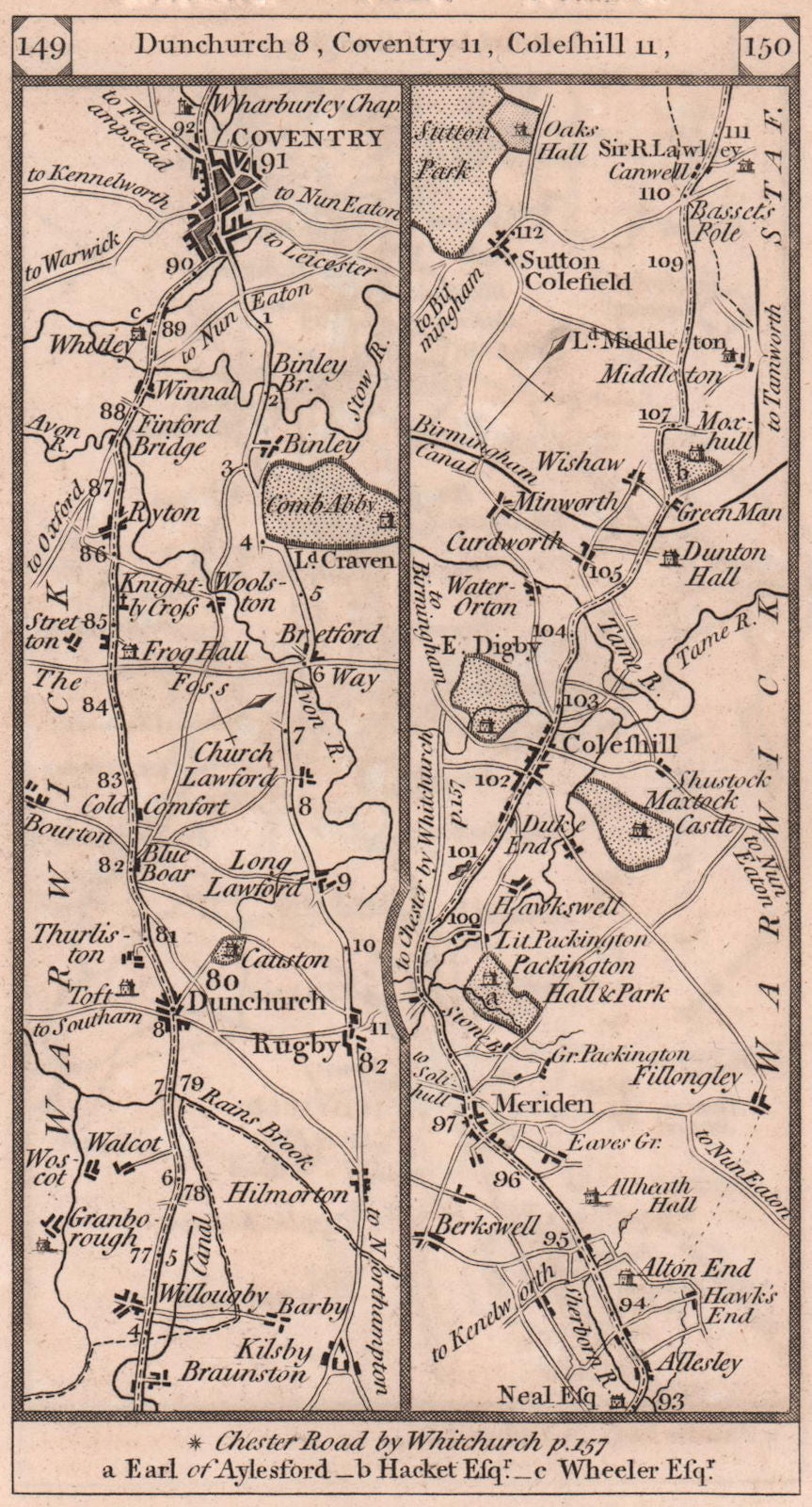 Rugby-Dunchurch-Coventry-Sutton Coldfield road strip map PATERSON 1803